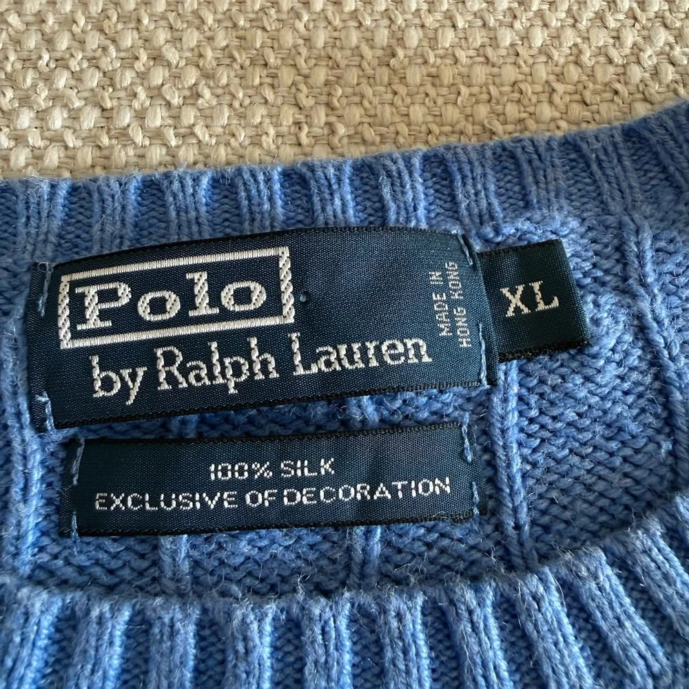 VTG 90s Mens L Blue Polo Ralph Lauren 100% Silk Cable Knit Sweater Blue Pony